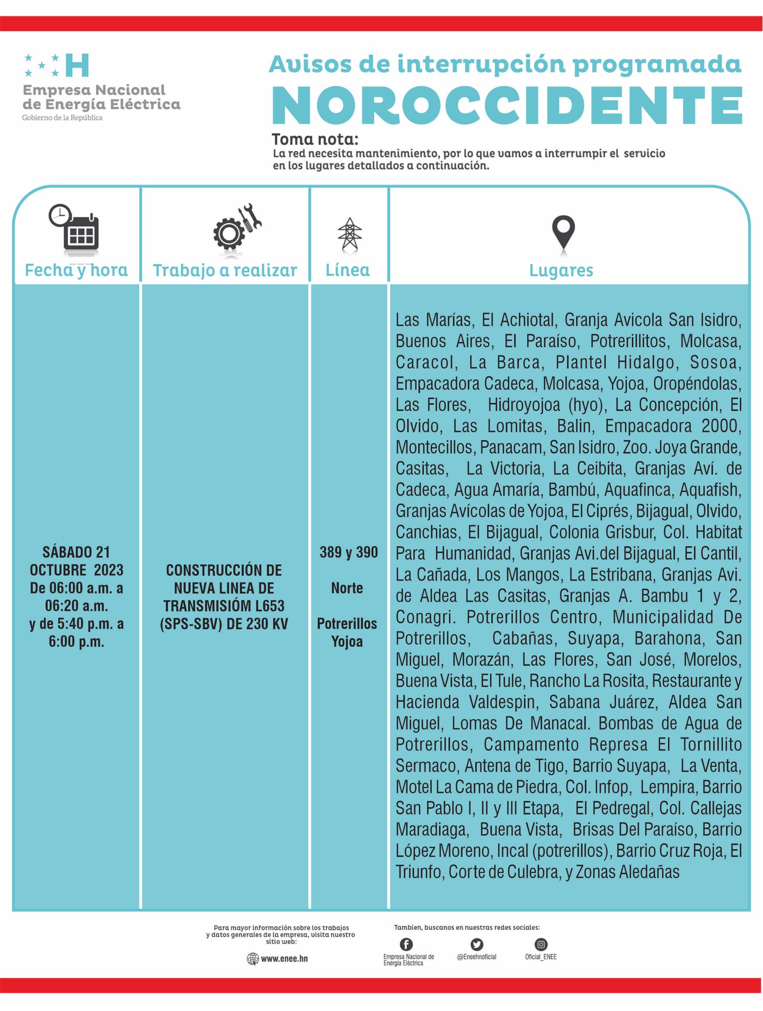 Cortes de energía programados para sábado 21 de octubre en Potrerillos y Santa Cruz de Yojoa. Foto: CND