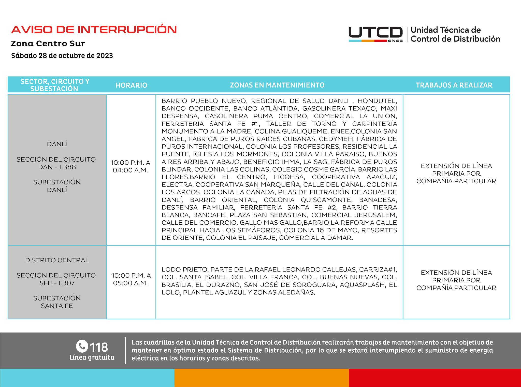 Cortes de energía programados para este sábado 28 de octubre en Honduras. Foto: UTCD