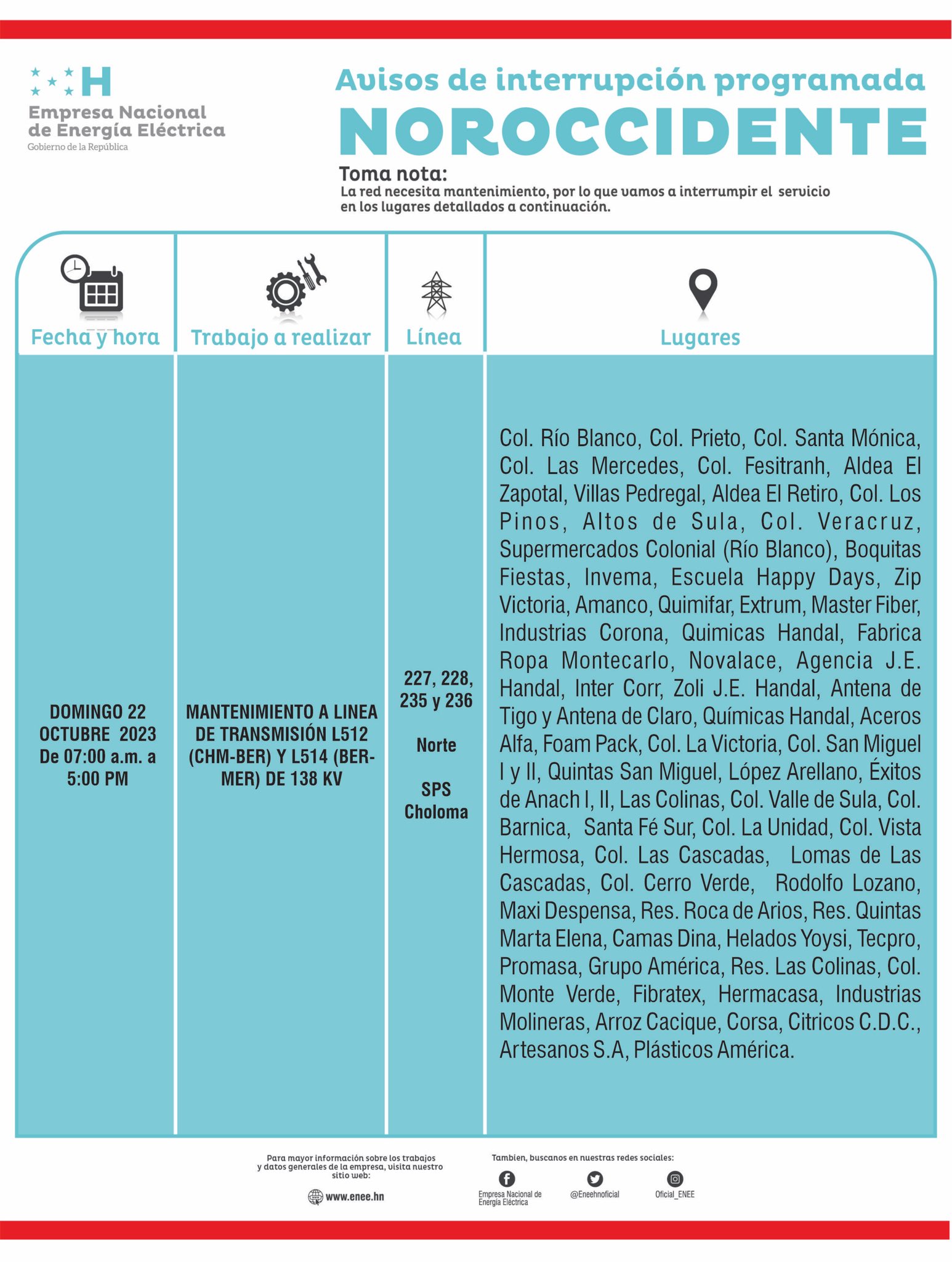 Cortes de energía programados para este domingo en San Pedro Sula y Choloma. Foto: CND