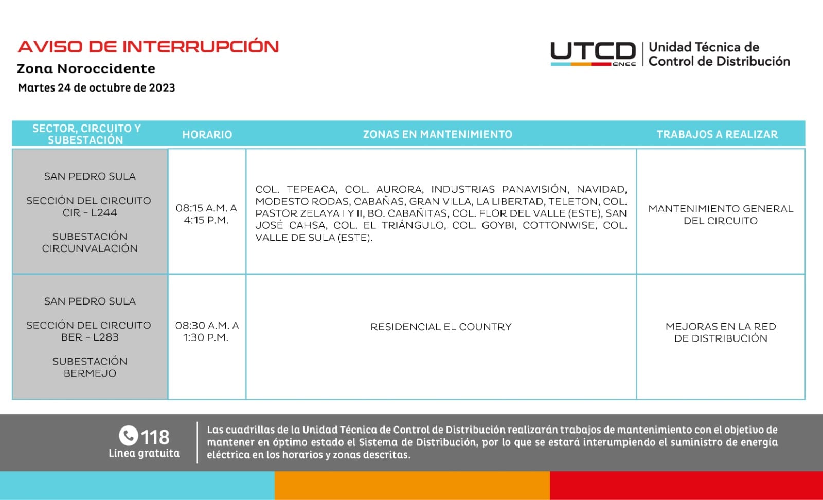Cortes de energía programados en San Pedro Sula para el martes 24 de octubre. Foto: UTCD