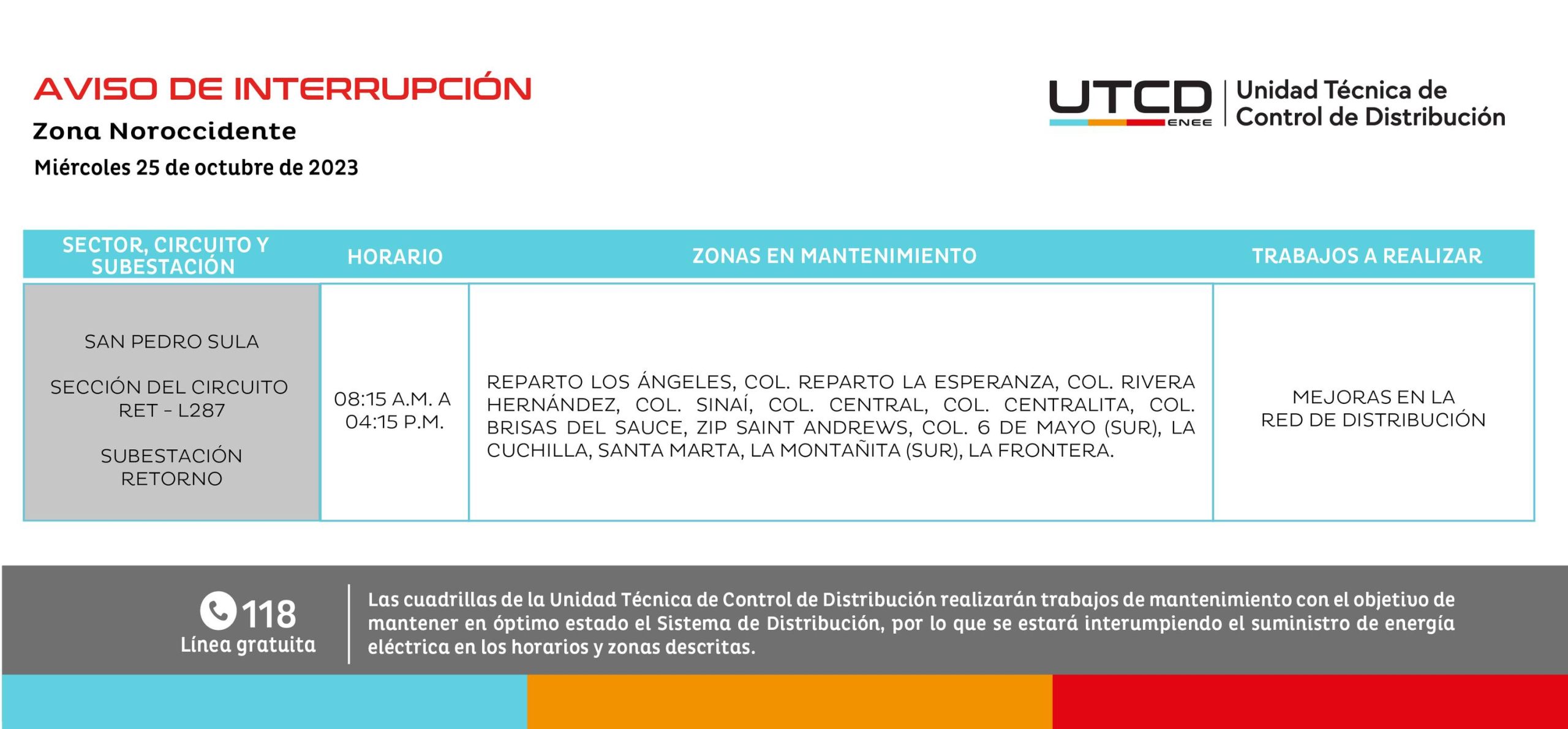 Cortes de energía programados para este miércoles en San Pedro Sula, en Cortés. Foto: UTCD