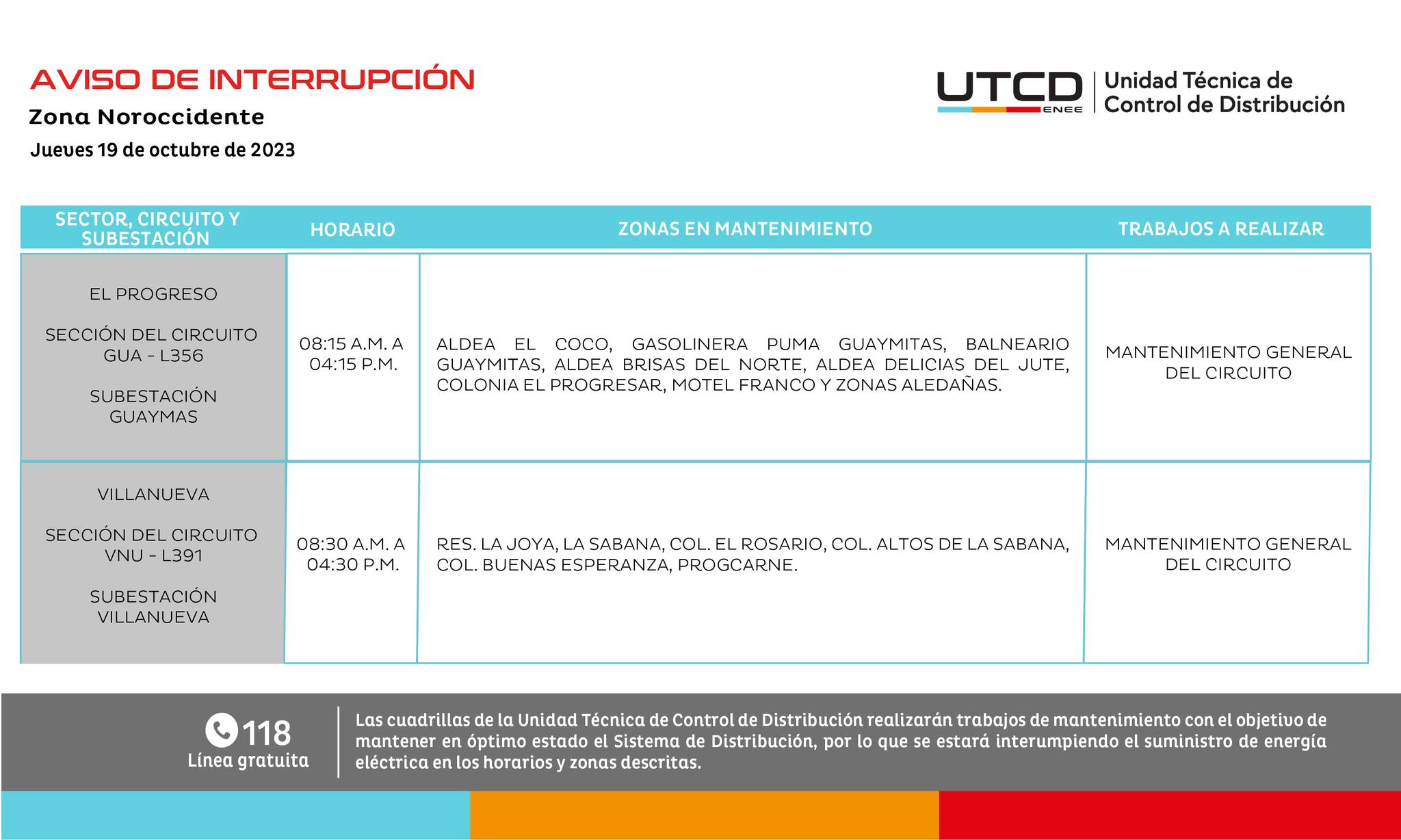 Cortes de energía programados por la UTCD, de la ENEE, para este jueves 19 de octubre. Foto: UTCD