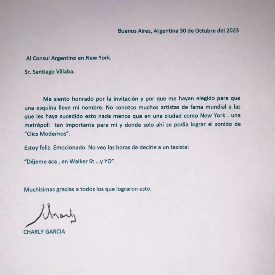 Carta de agradecimiento de Charly García por su homenaje en Nueva York. Foto: Infobae