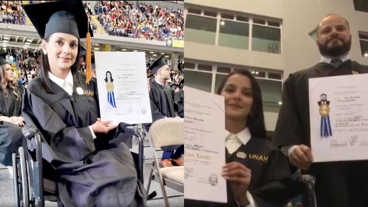 'Vamos por más', hondureña en silla de ruedas se graduó de una maestría en la UNAH junto a su novio