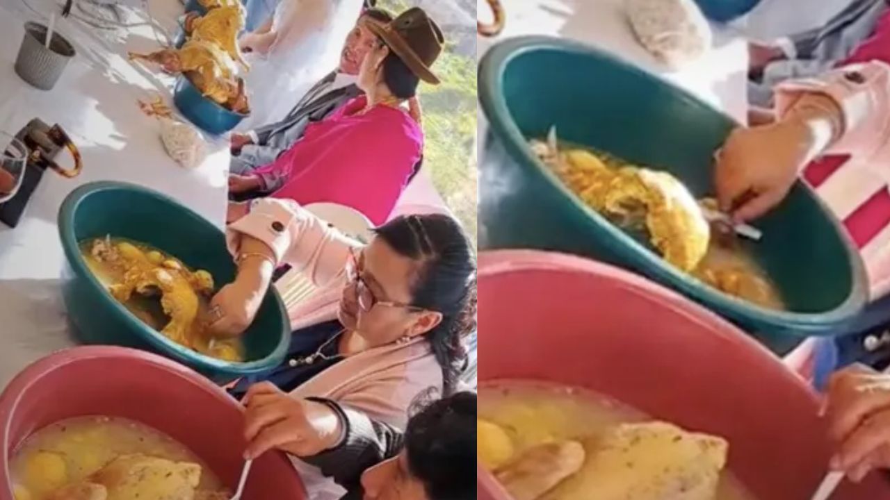 '¡Así se sirve!', pareja sorprende a los invitados de su boda al dar de comer pollo entero por persona