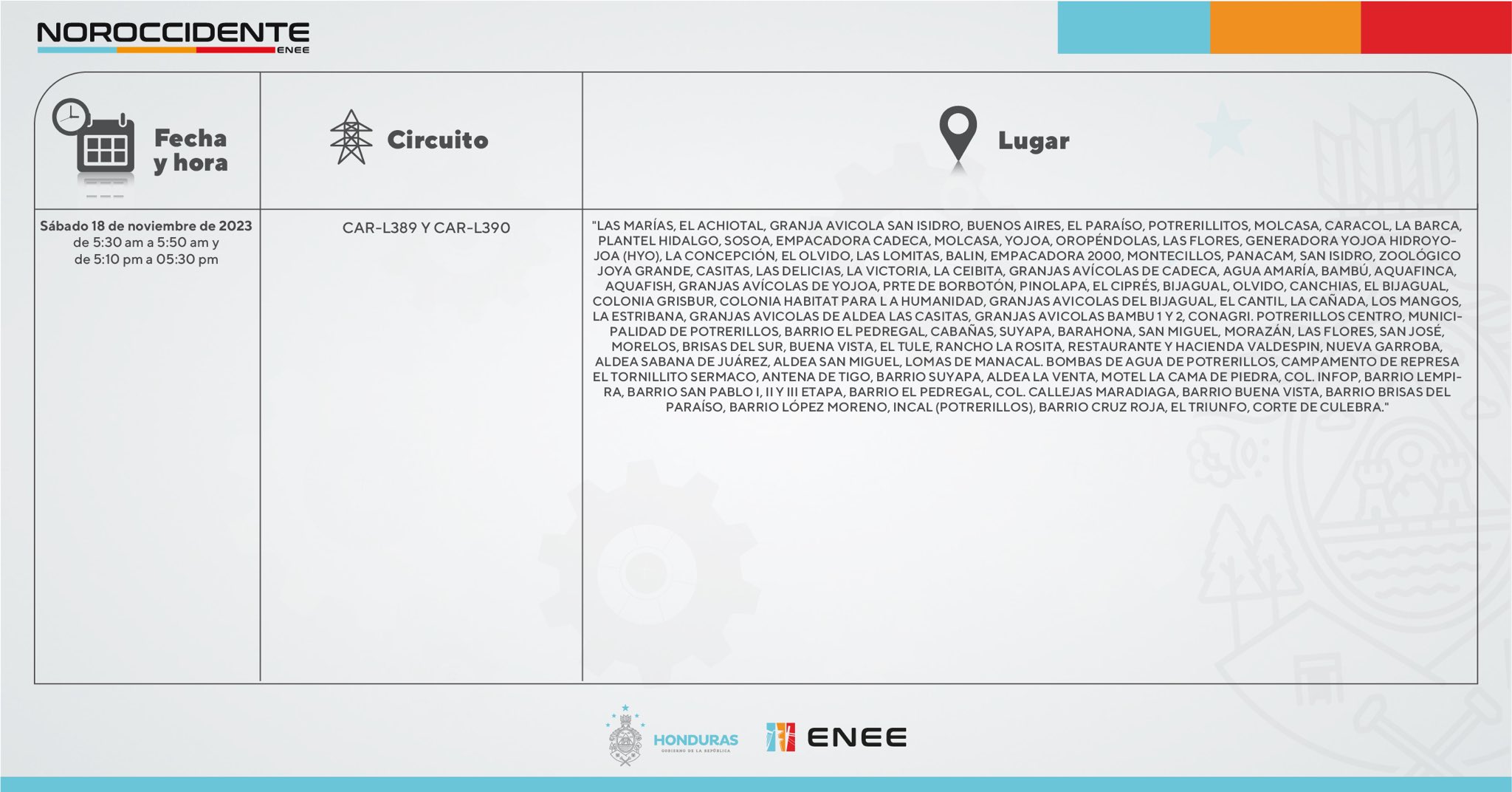 Cortes de energía eléctrica programados para este sábado 17 de noviembre al norte de Honduras. Foto: CND