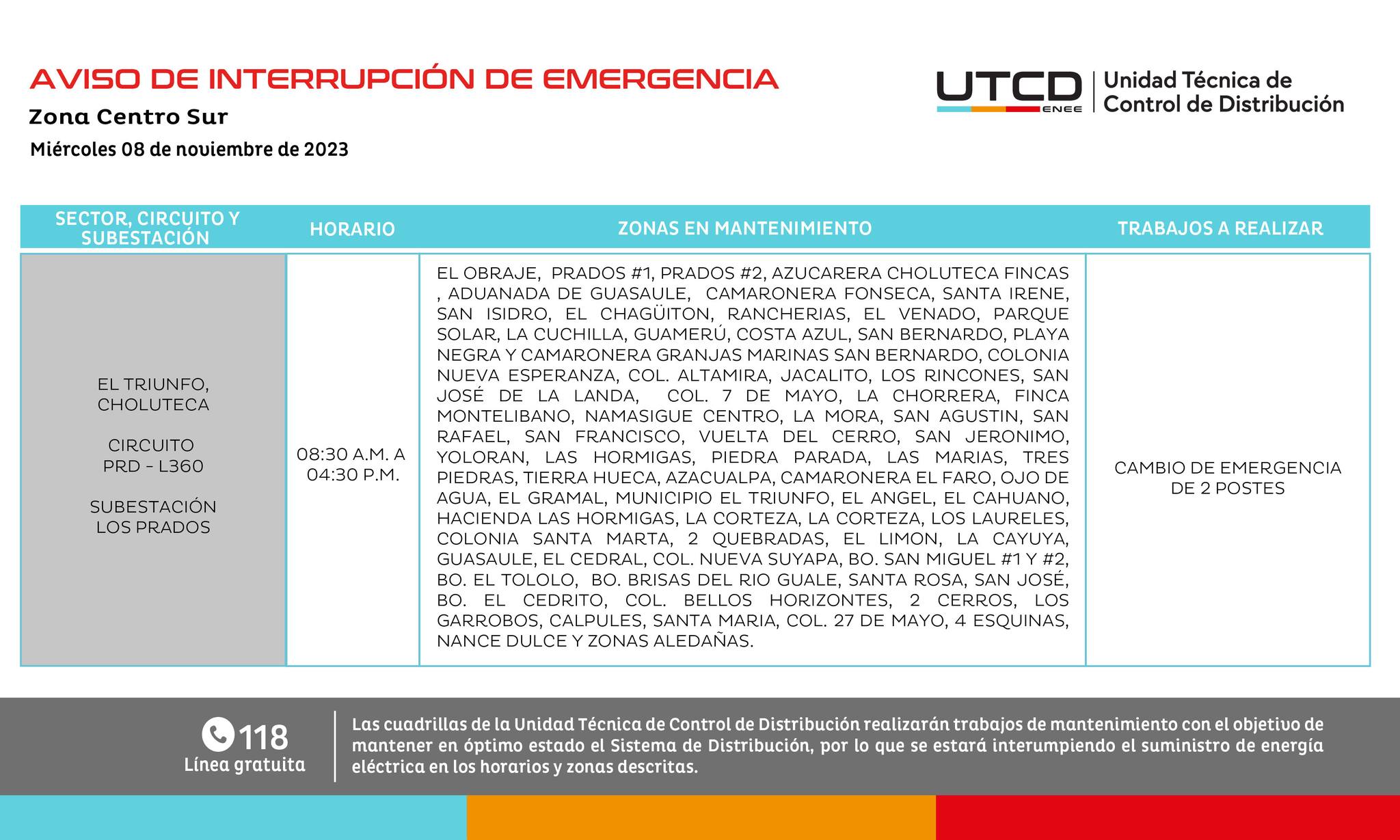 Cortes de energía eléctrica programados para este miércoles 8 de noviembre. Foto: UTCD