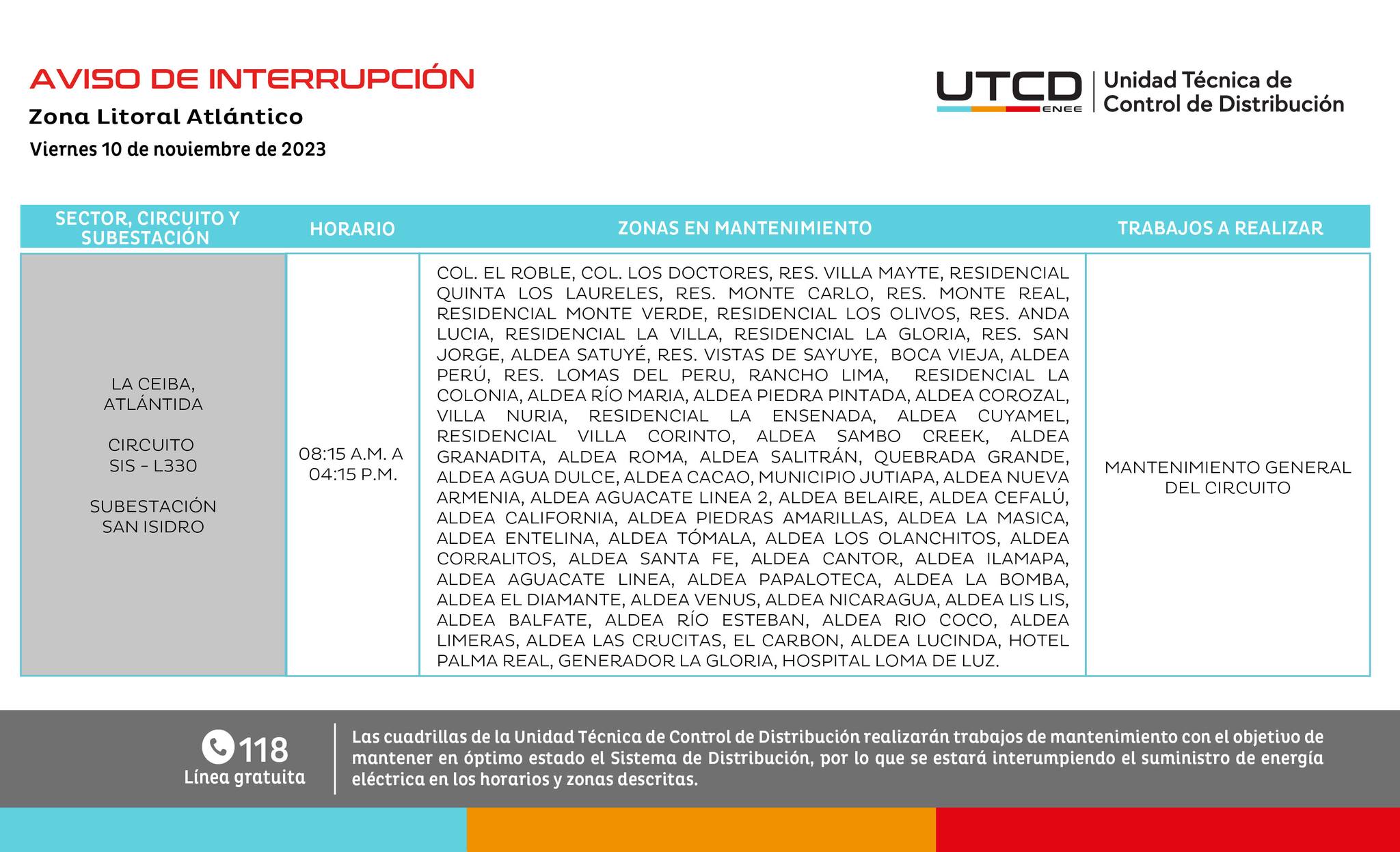 Cortes de energía eléctrica programados para este viernes 10 de noviembre en Atlántida. Foto: UTCD