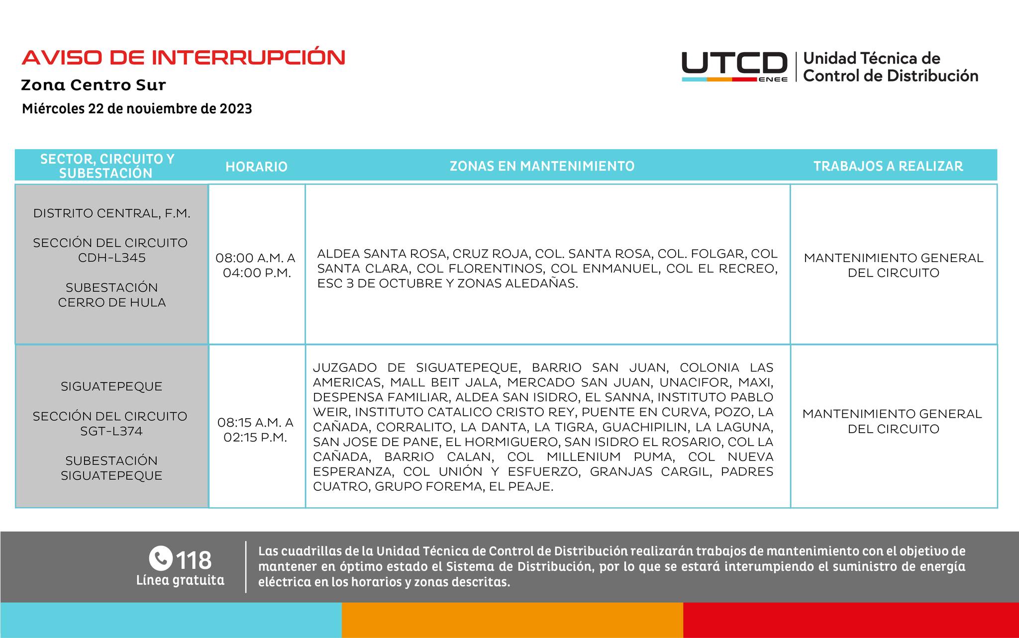 Cortes de energía eléctrica programados en el Distrito Central y en Siguatepeque. Foto. UTCD