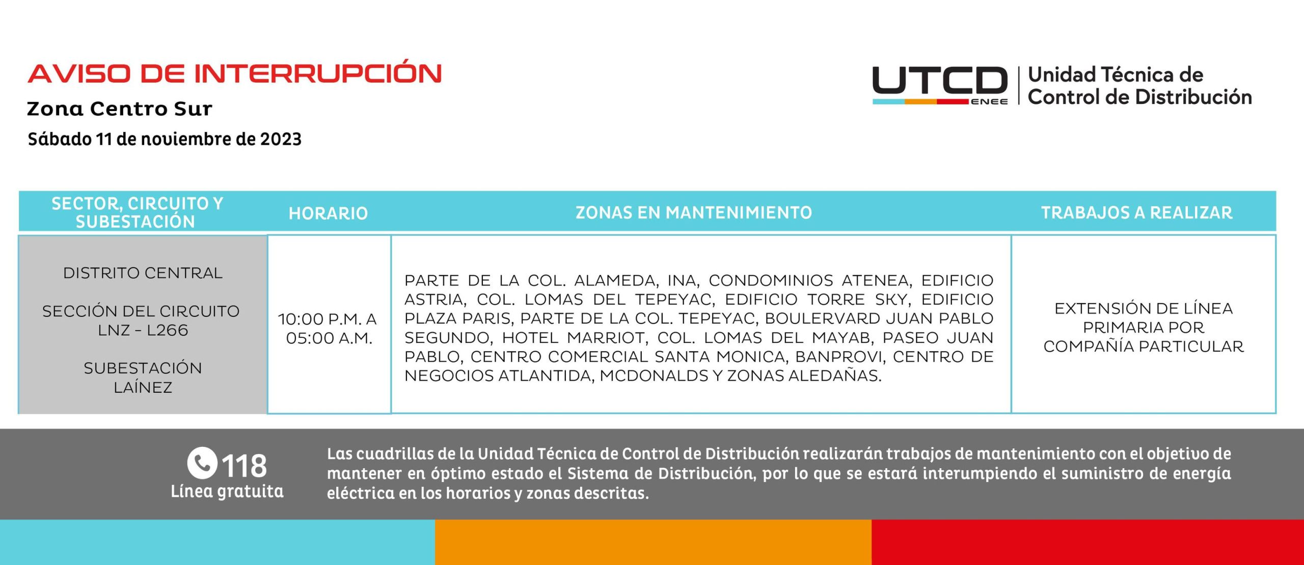 Cortes de energía eléctrica programados en el Distrito Central. Foto: UTCD