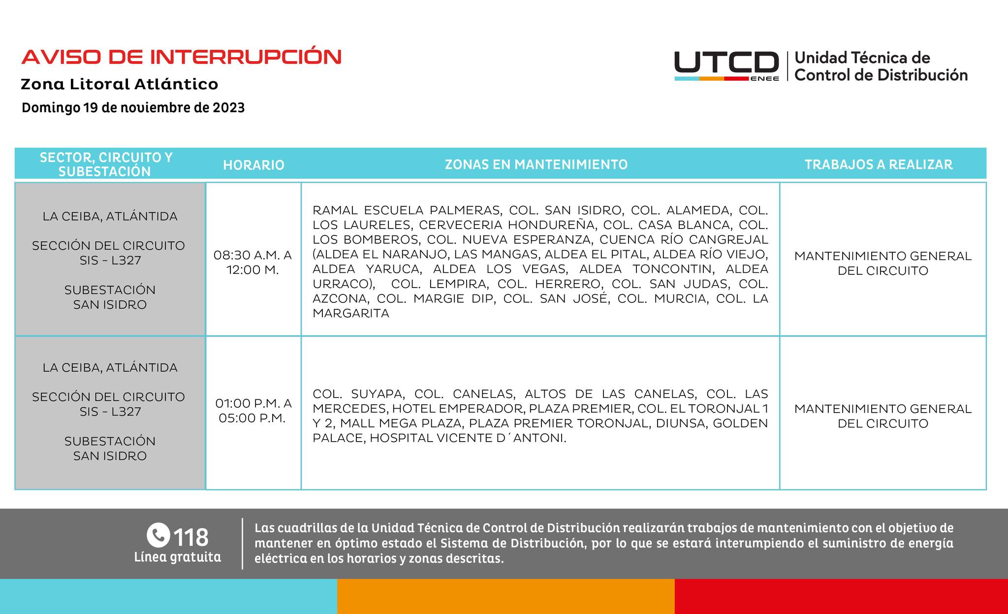Cortes de energía eléctrica para este domingo 19 de noviembre. Foto: UTCD