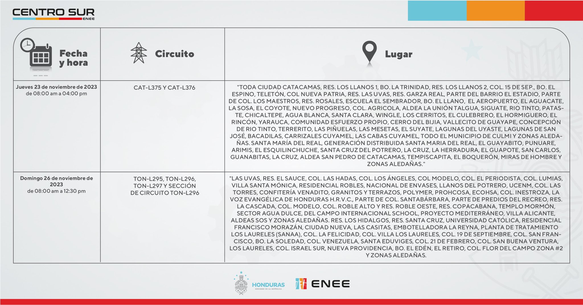 Cortes de energía eléctrica programados para este domingo 26 de noviembre en el centro de Honduras. Foto: CND