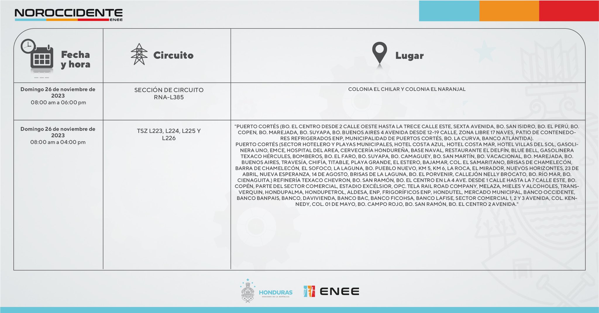 Cortes de energía eléctrica programados para este domingo 26 de noviembre en el norte de Honduras. Foto: CND