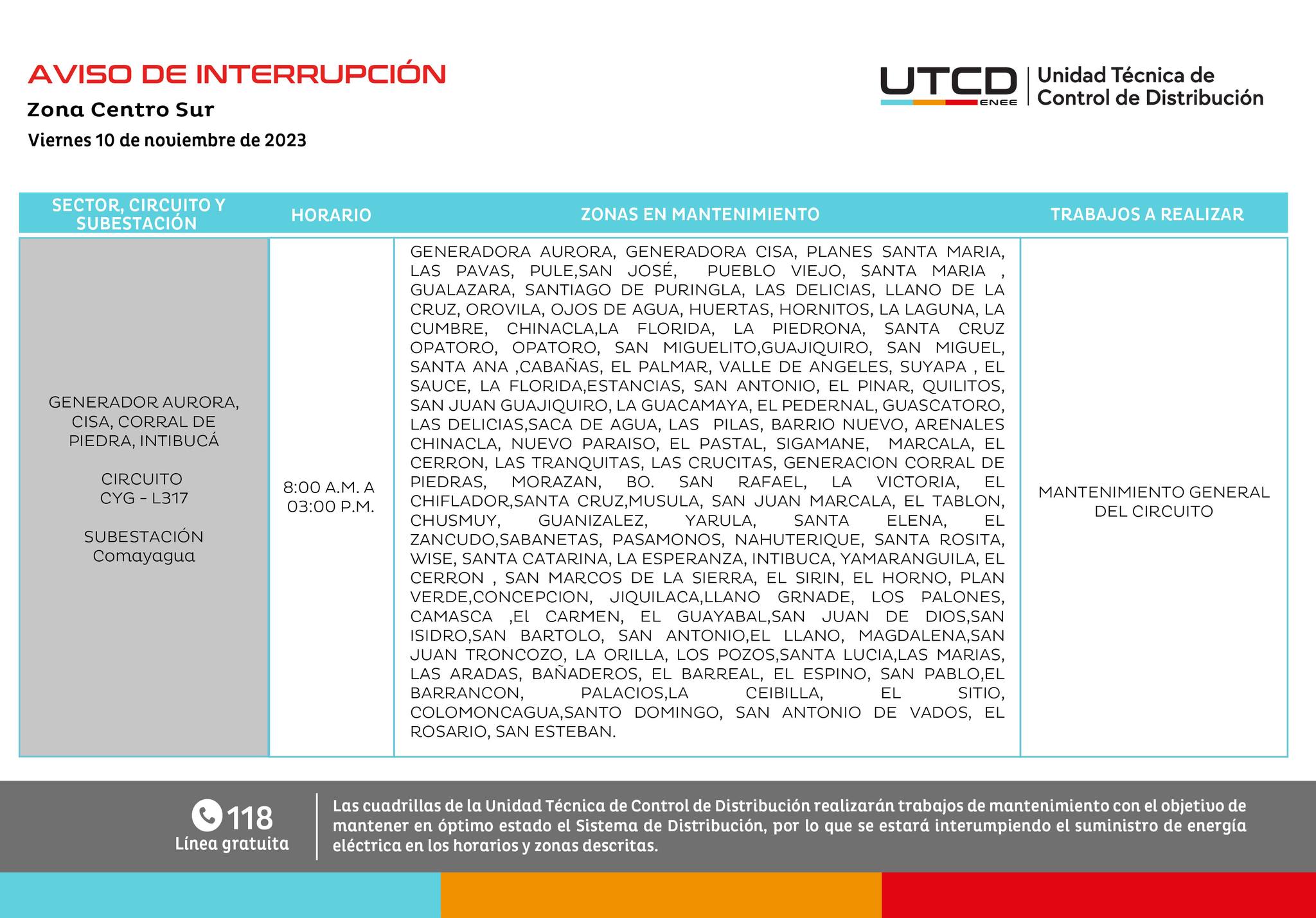 Cortes de energía eléctrica programados para este viernes 10 de noviembre en Intibucá. Foto: UTCD