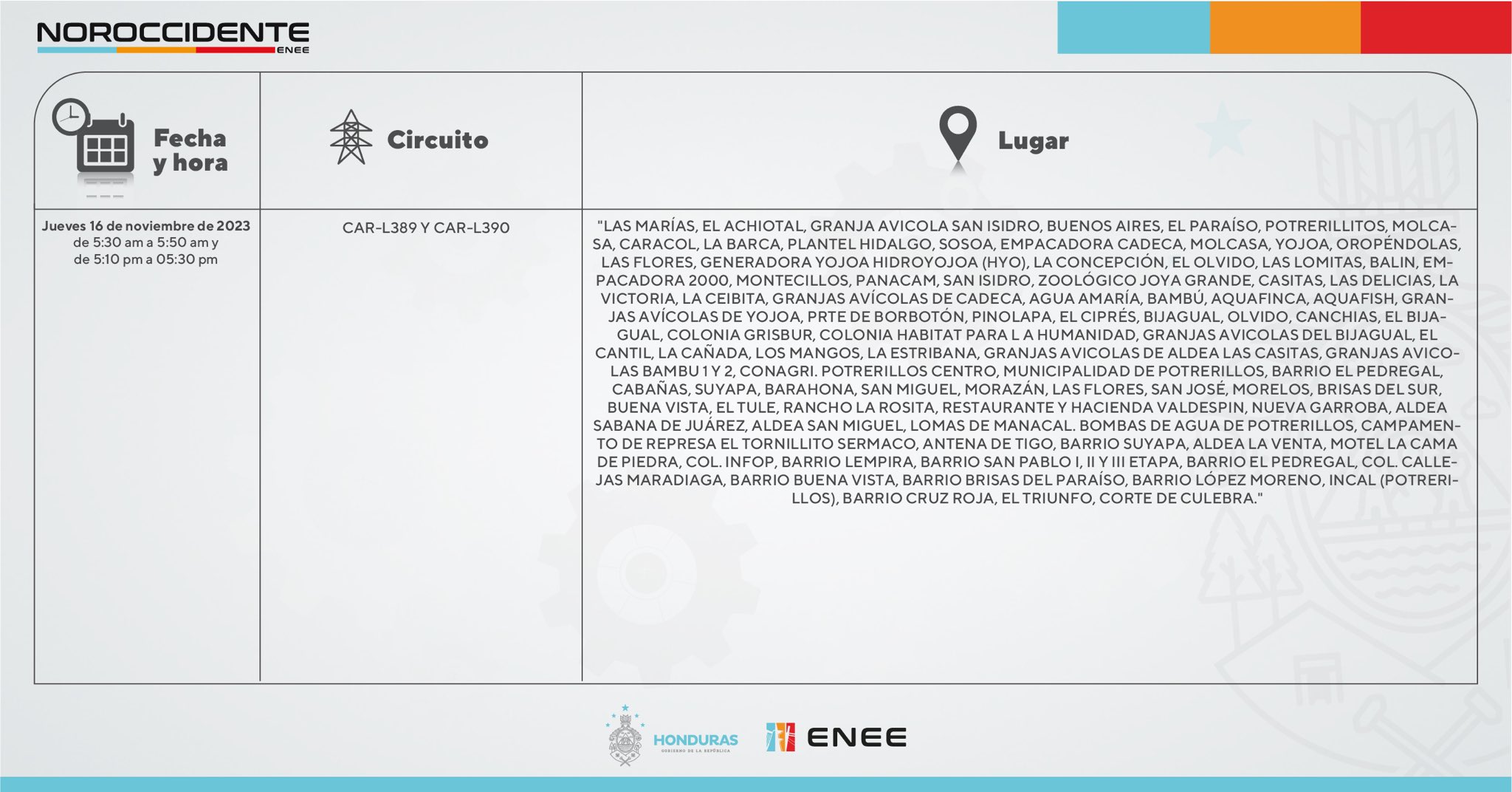 Cortes de energía eléctrica programados para este jueves 16 de noviembre. Foto: UTCD