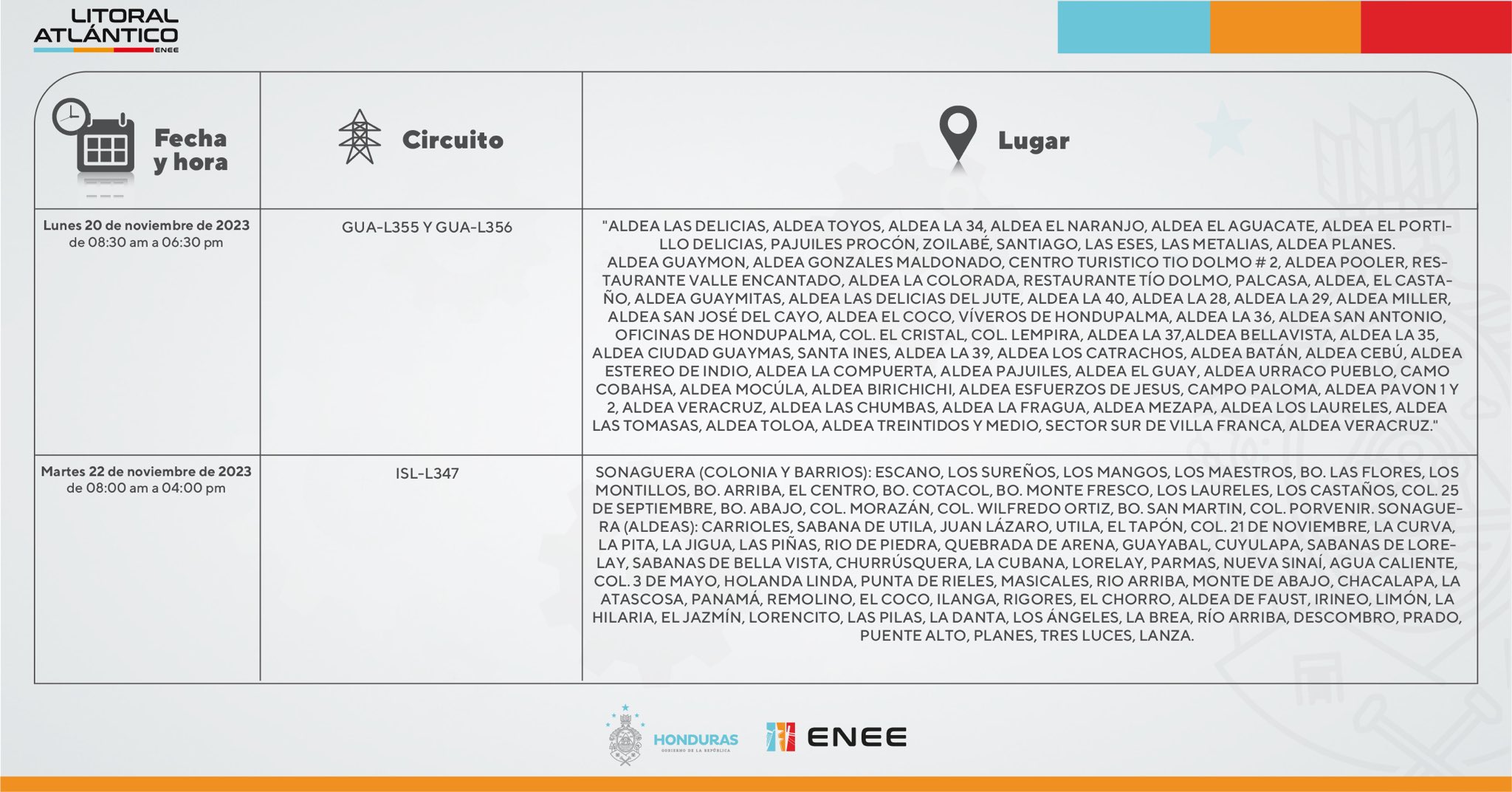 Cortes de energía eléctrica programados en Sonaguera, de Colón. Foto. CND
