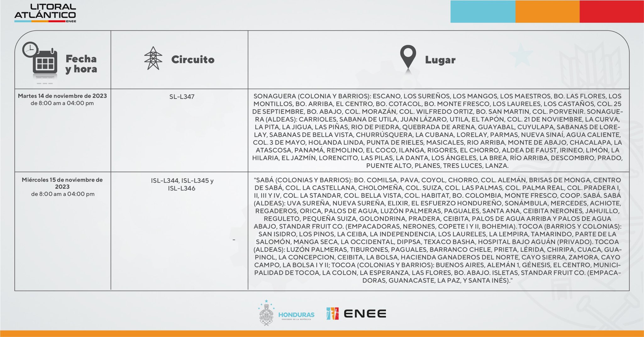 Cortes de energía eléctrica programados para este miércoles 15 de noviembre. Foto: UTCD