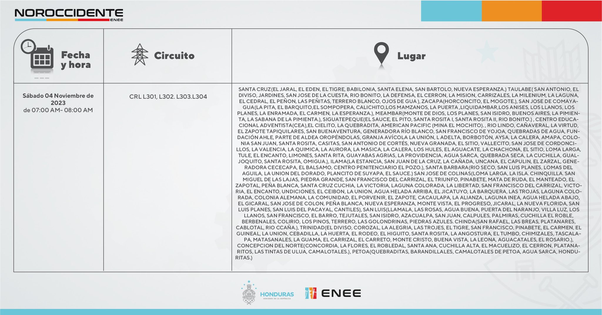 Primeros cortes de energía programados para este sábado 4 de noviembre. Foto: CND