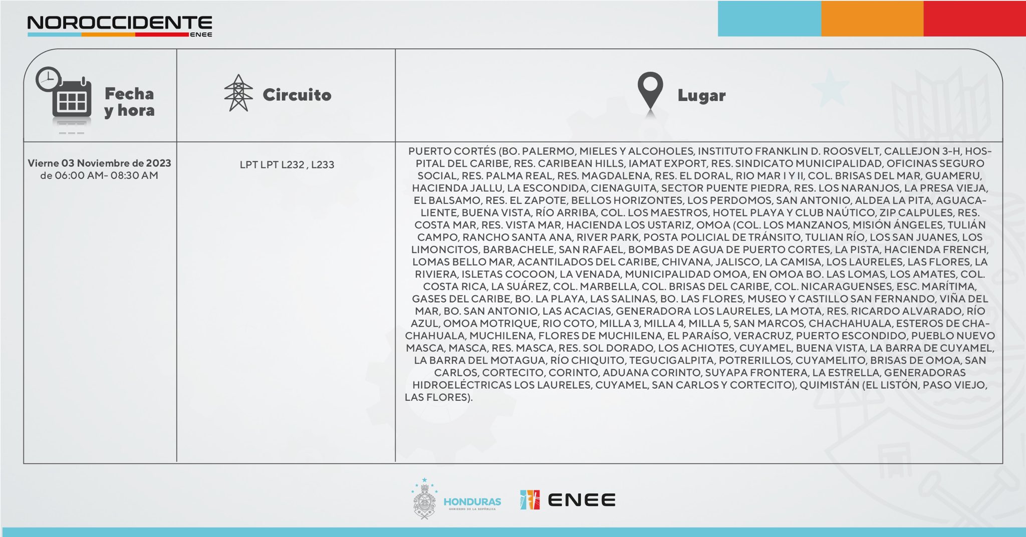 Últimos cortes de energía programados para este viernes 3 de noviembre. Foto: CND