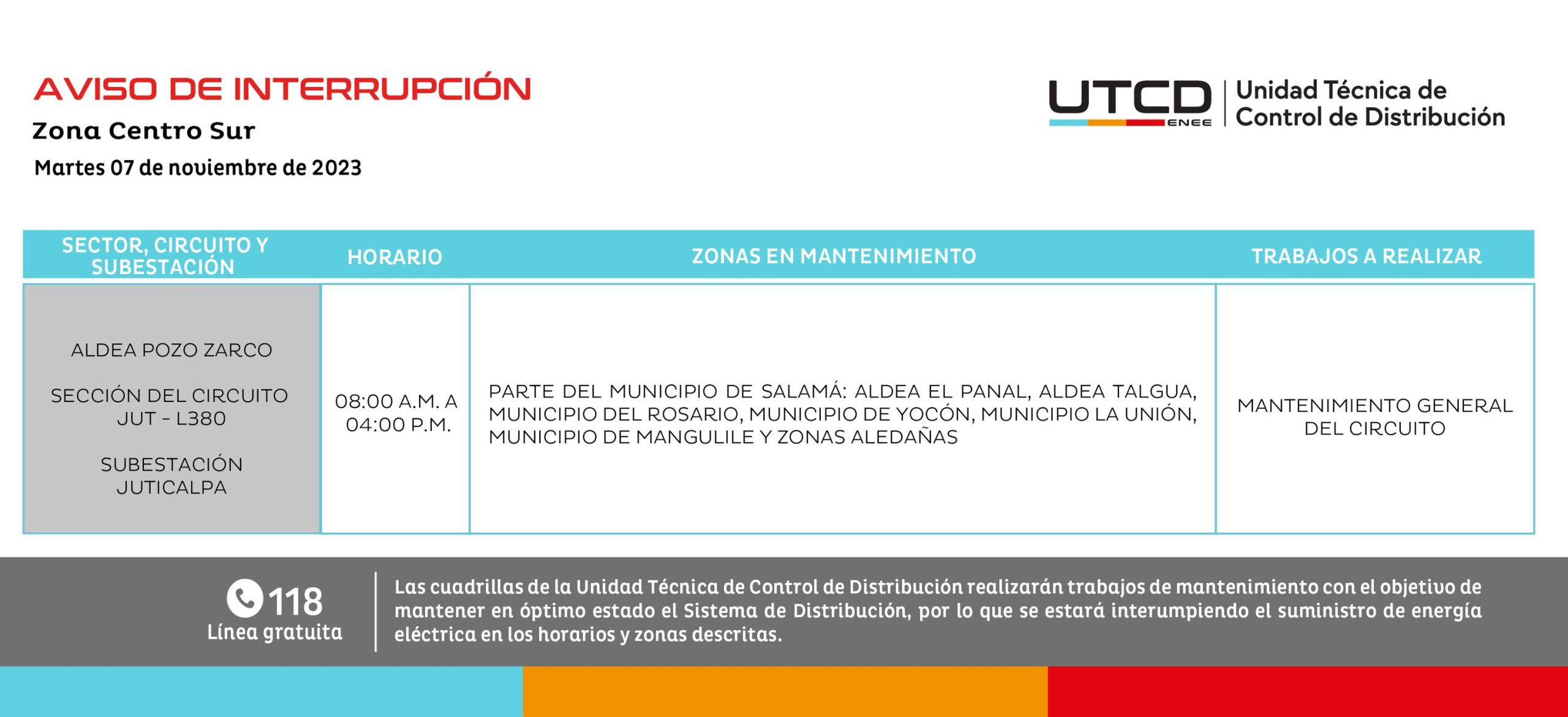 Cortes de energía programados por la UTCD, de la ENEE, para este martes 7 de noviembre. Foto: CND
