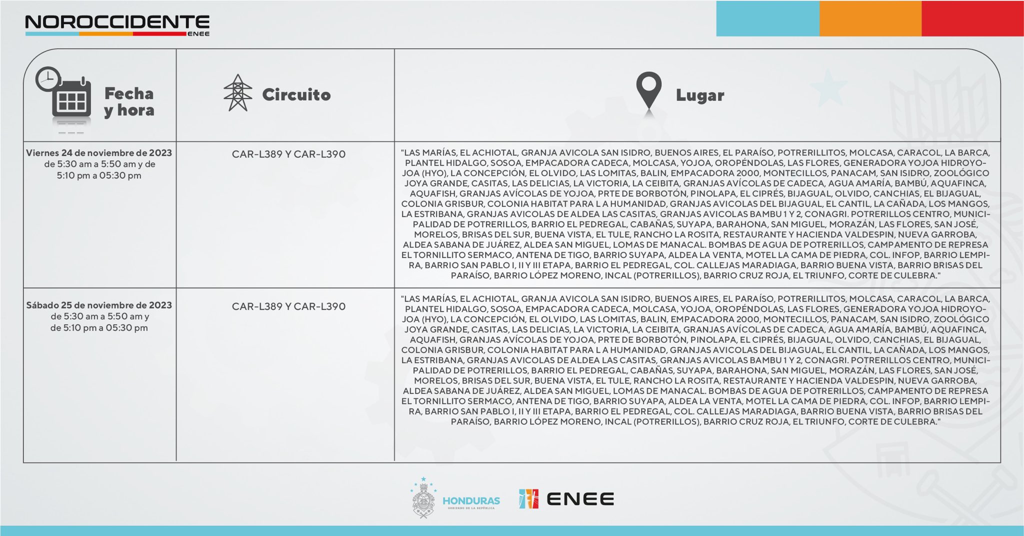 Cortes de energía eléctrica programados para este viernes 24 de noviembre. Foto: CND