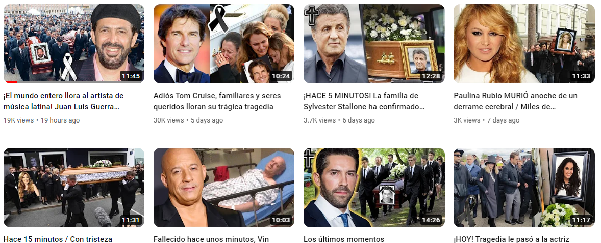 El canal Celebridad de Hollywood publica noticias falsas de la muerte de celebridades, entre ellas la de Juan Luis Guerra. Foto: YouTube