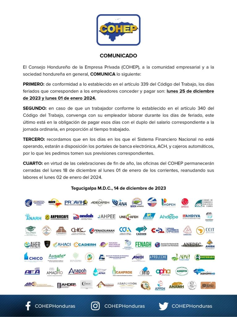 Comunicado de Cohep sobre el feriado en estas fechas navideñas. Foto: Cohep