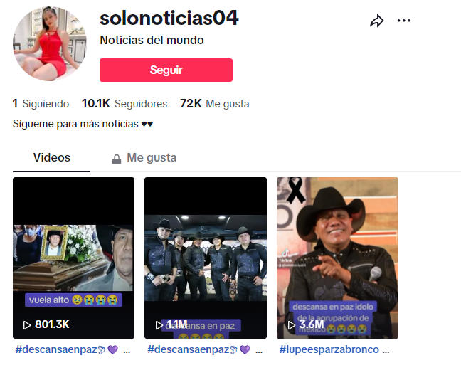 Cuenta que ha publicado videos desinformando sobre el estado de salud de Lupe Esparza. Foto: Redes sociales