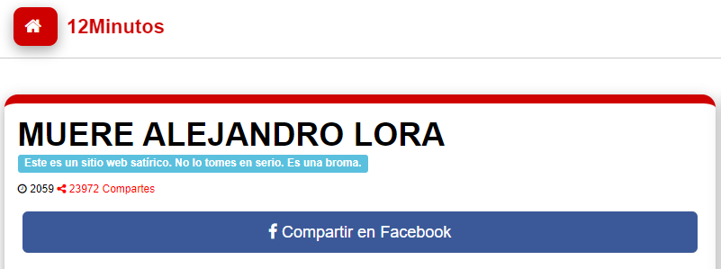 Publicación que señala que Alex Lora murió, misma que habría originado el rumor. Foto: 12Minutos