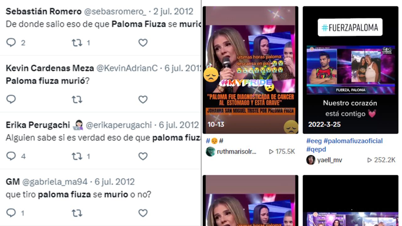 Rumores de la supuesta muerte de Paloma Fiuza que se difundieron en internet en 2012 (izquierda) y 2022-2023 (derecha). Foto: Redes sociales