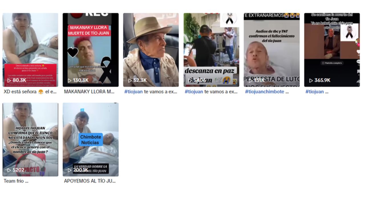 Videos publicados en el último día donde se señala que, supuestamente, el Tío Juan falleció. Foto: TikTok