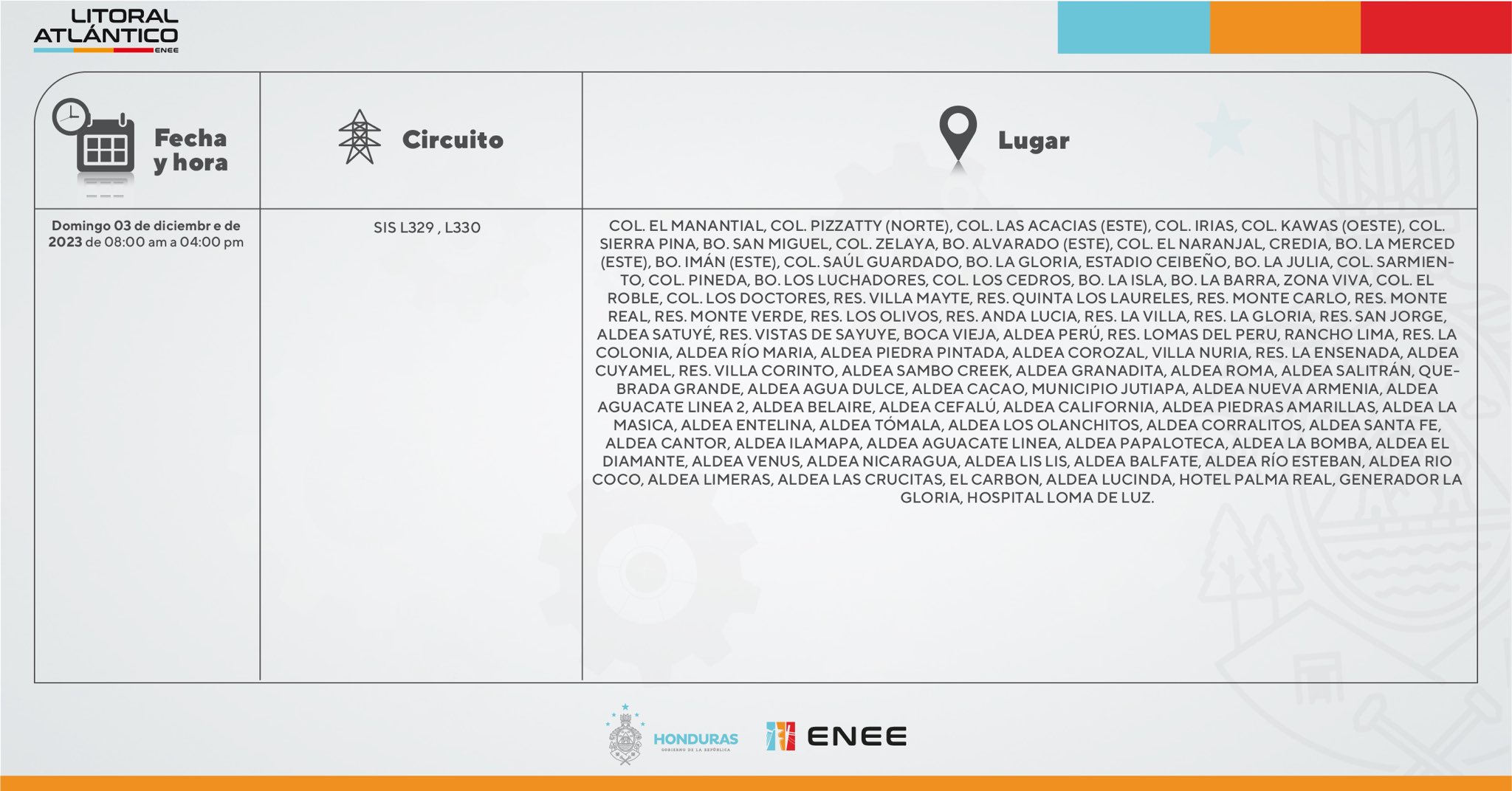Cortes de energía eléctrica programados para este domingo 3 de diciembre. Foto: CND