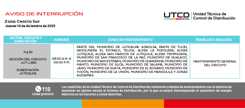 Cortes de energía eléctrica programados para este jueves 14 de diciembre. Foto: UTCD