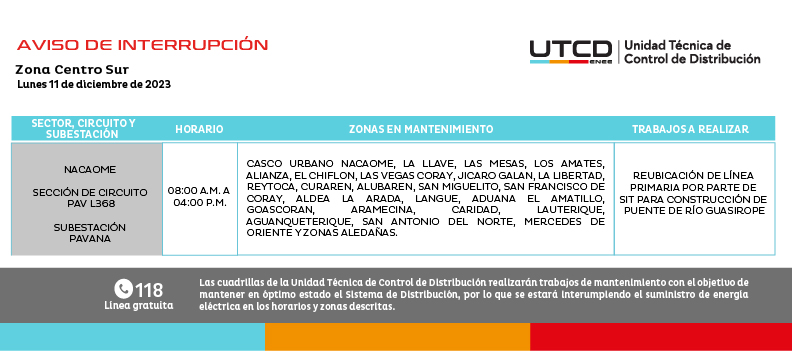 Cortes de energía eléctrica programados para este lunes 11 de diciembre. Foto: UTCD