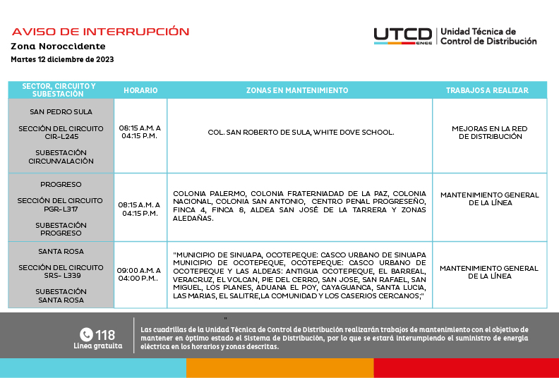 Cortes de energía eléctrica programados para este martes 12 de diciembre. Foto: UTCD