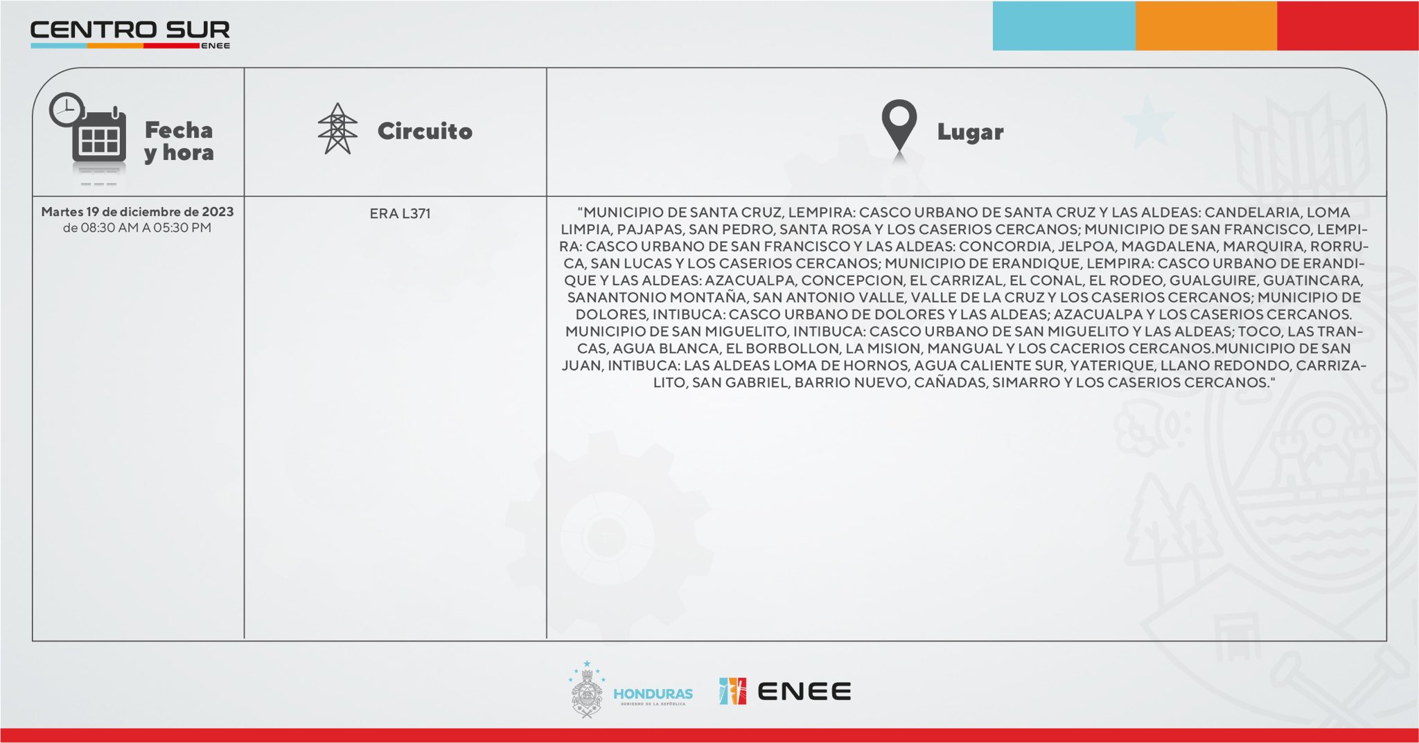 Últimos cortes de energía eléctrica programados en Lempira y en Intibucá. Foto: CND