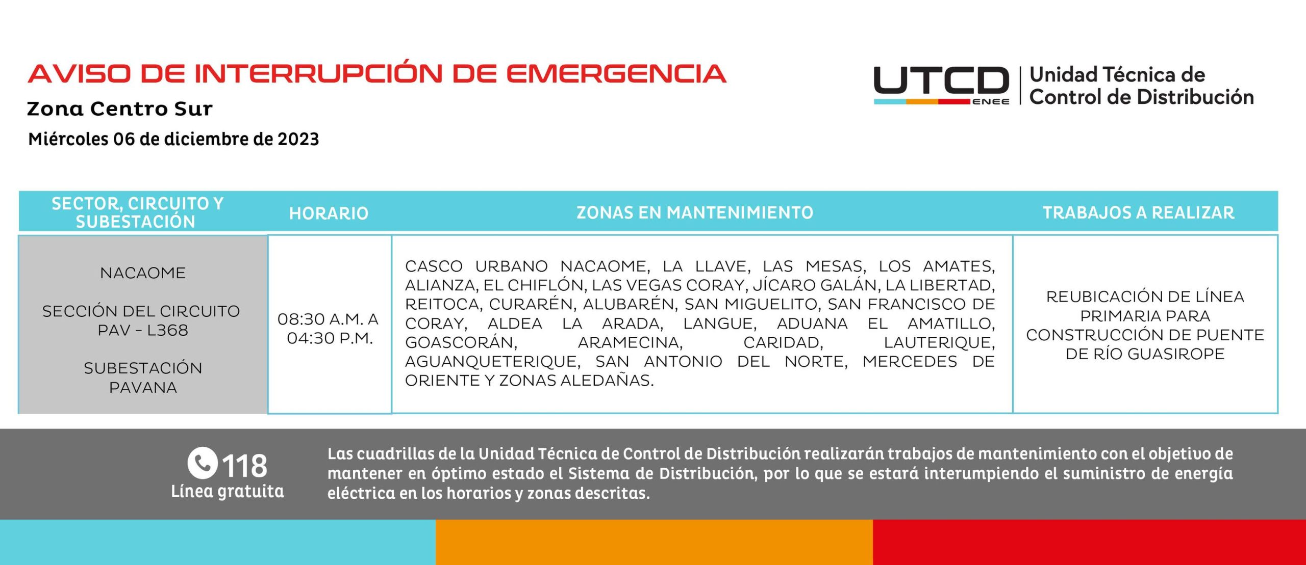 Cortes de energía eléctrica programados para este miércoles 6 de diciembre. Foto: UTCD