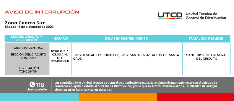 Cortes de energía eléctrica programados para este sábado 16 de diciembre. Foto: UTCD