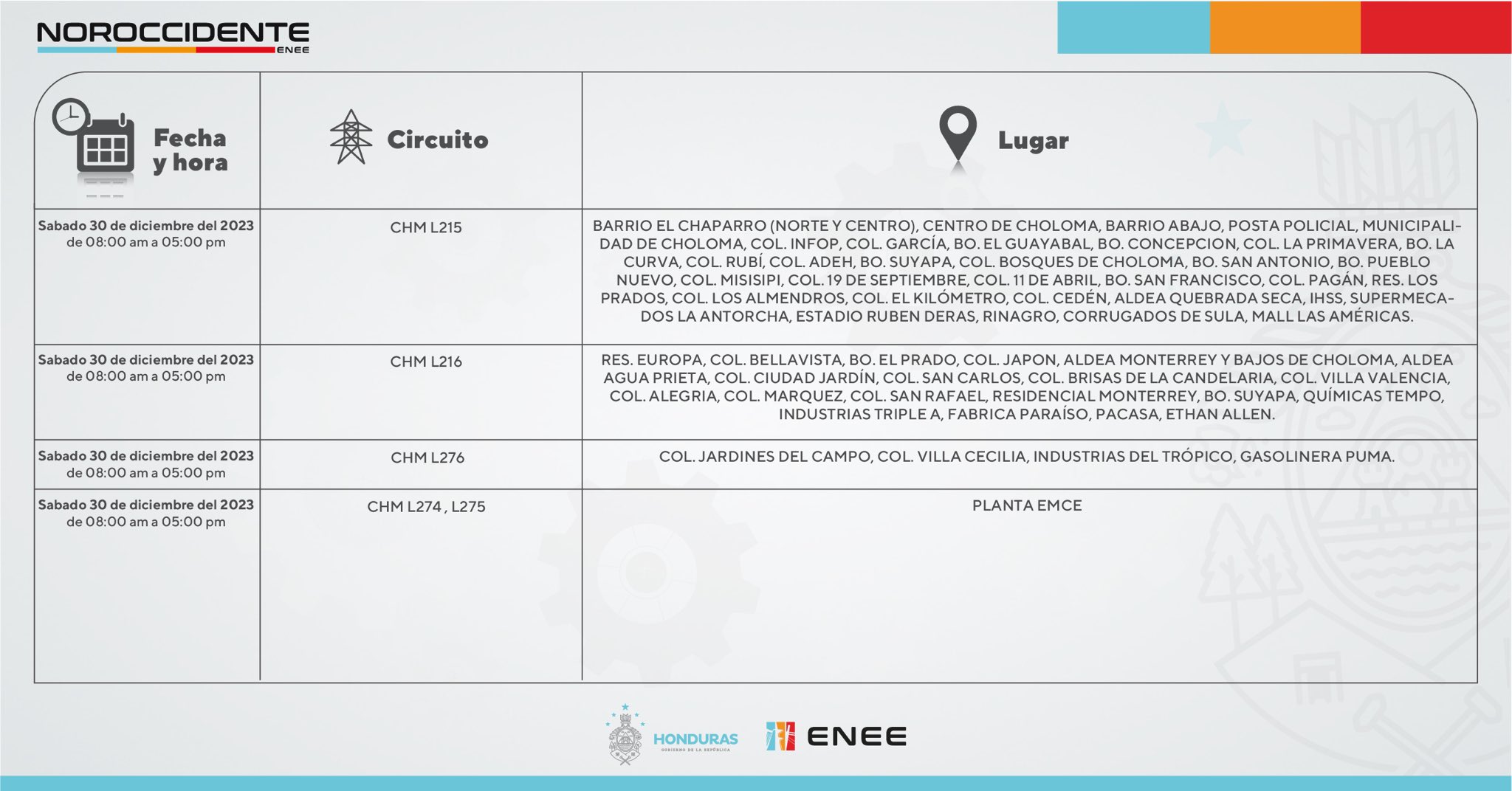Cortes de energía eléctrica programados para este sábado 30 de diciembre. Foto: UTCD