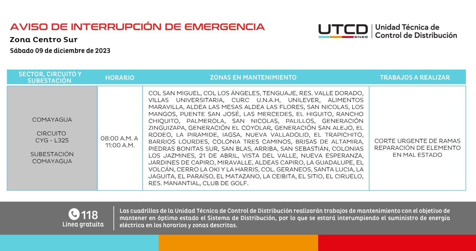 Cortes de energía eléctrica programados para este sábado 9 de diciembre en Honduras. Foto: UTCD