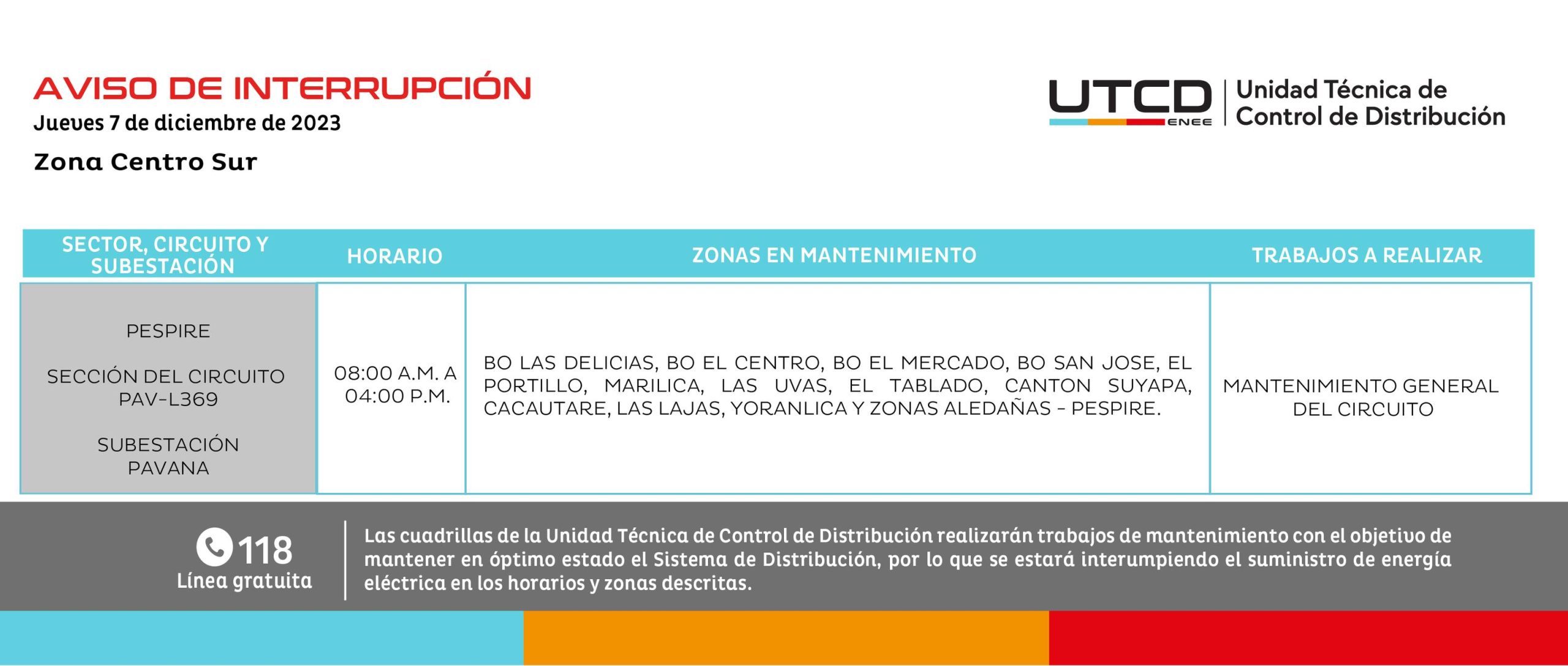 Últimos cortes de energía eléctrica programados para este jueves 7 de diciembre. Foto: UTCD