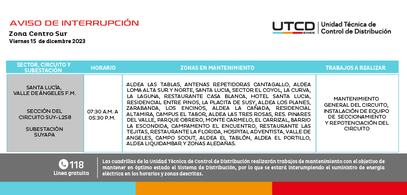 Cortes de energía eléctrica programados para este viernes 15 de diciembre. Foto: UTCD