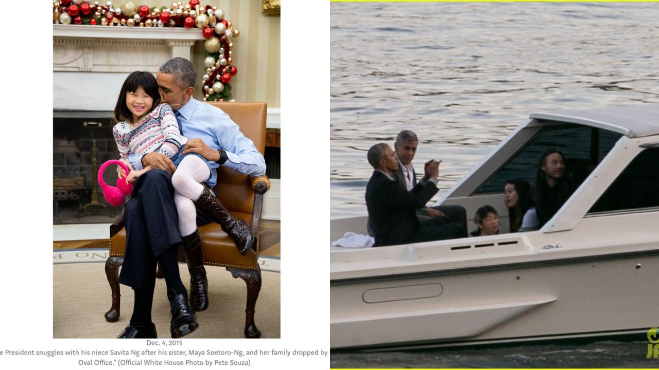 La realidad de las fotos circuladas: izquierda, una foto familiar; derecha, Obama iba acompañado. Foto: Diseño HRN