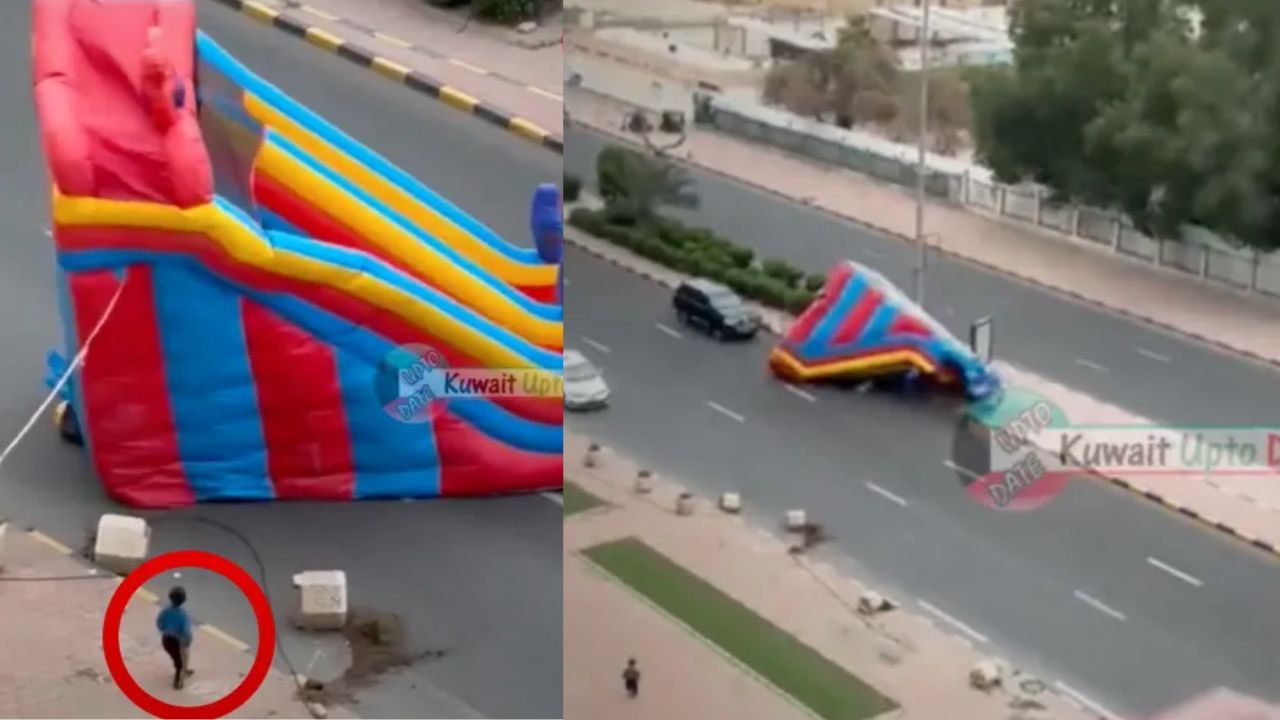 VIDEO: Trampolín inflable con niños dentro sale volando hacía la carretera