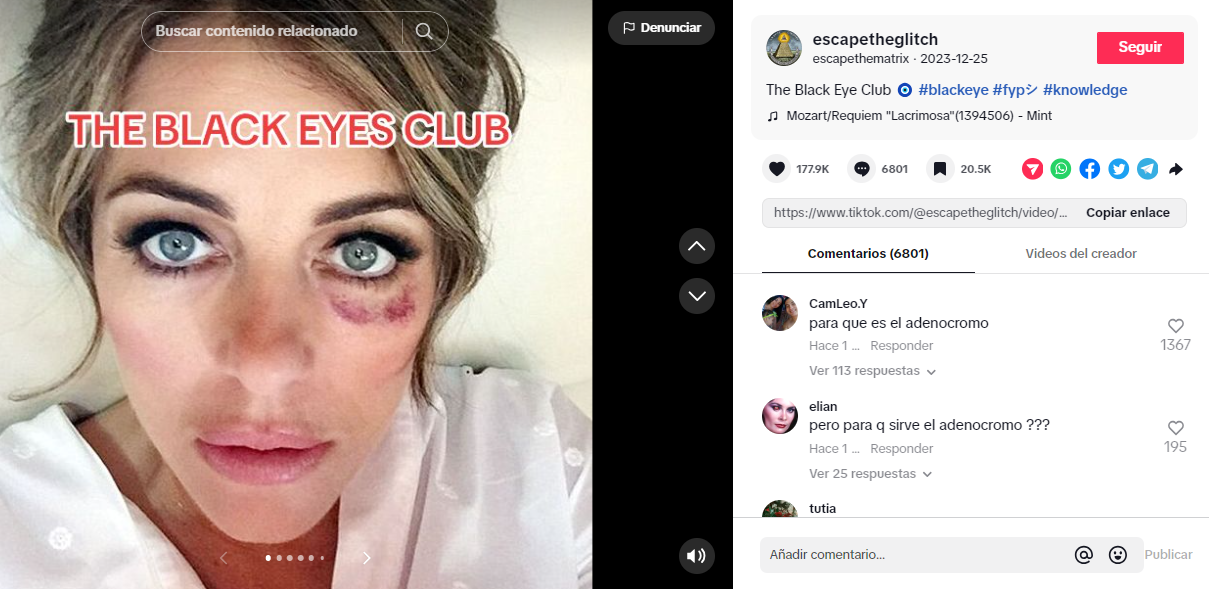 Uno de los videos más virales en referencia a la teoría del club del ojo morado. Foto: TikTok