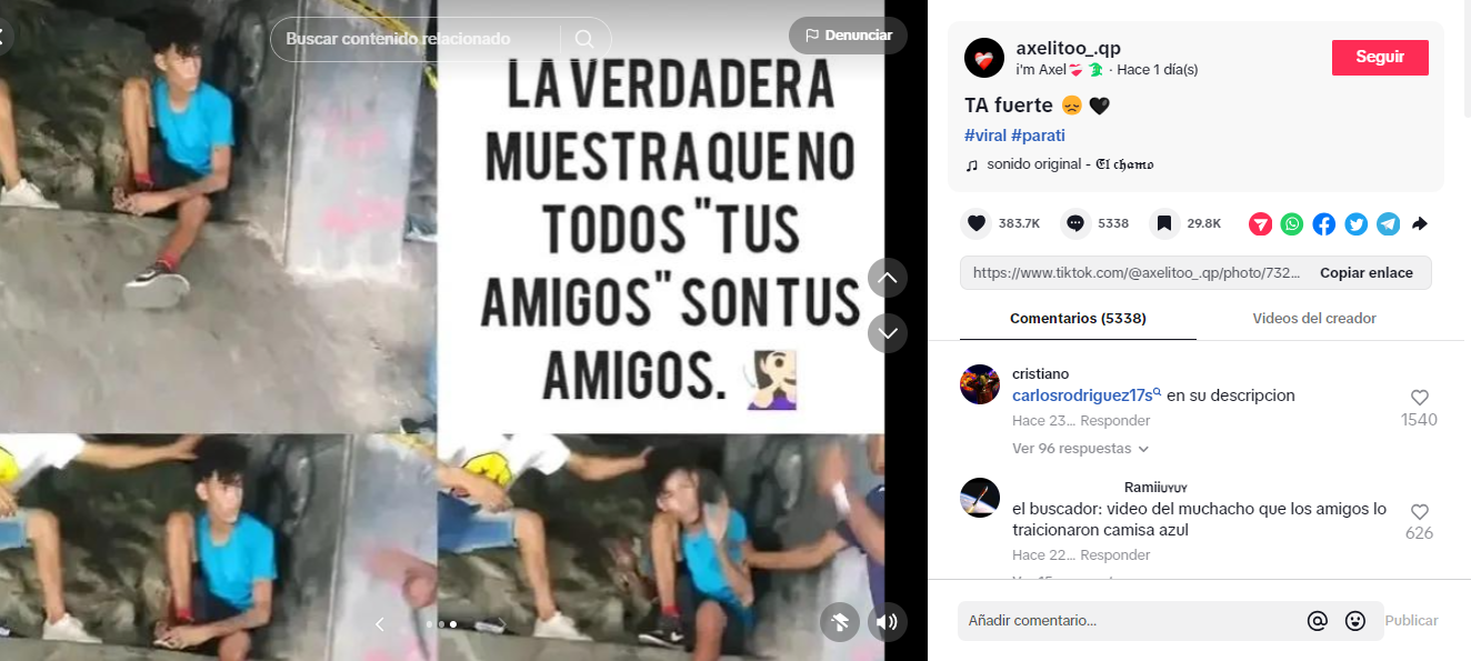 Publicación en TikTok del asesinato de Andrés Alberto Sosa Perdomo, joven al que, supuestamente, sus amigos lo traicionaron. Foto: TikTok