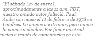 Publicación que señala, falsamente, que muere Paul Anderson. Foto: Diseño HRN