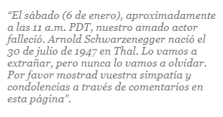 El texto de la publicación sobre la supuesta muerte de Arnold Schwarzenegger. Foto: MediaMass