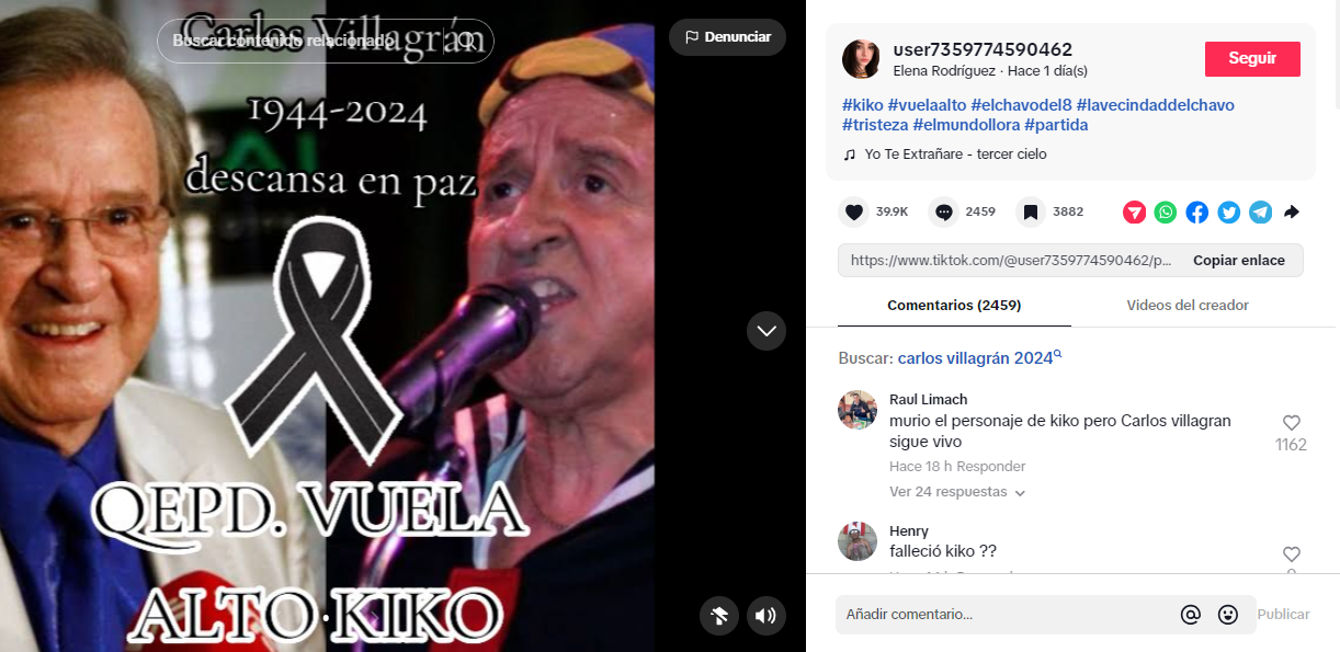 Publicación señalando que muere Carlos Villagrán, mejor conocido como 'Kiko'. Foto: TikTok