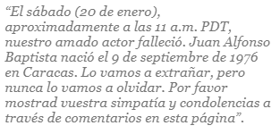 Publicación sobre la supuesta muerte de Juan Alfonso Baptista, actor de Pasión de Gavilanes. Foto: MediaMass